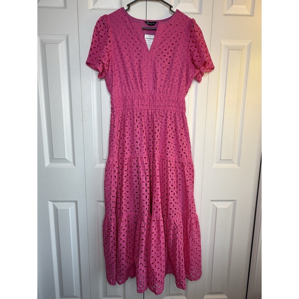 Pretty Garden Dress Maxi V-Neck Tiered Eyelet Embroidery Smocked Waist Sz M NWT